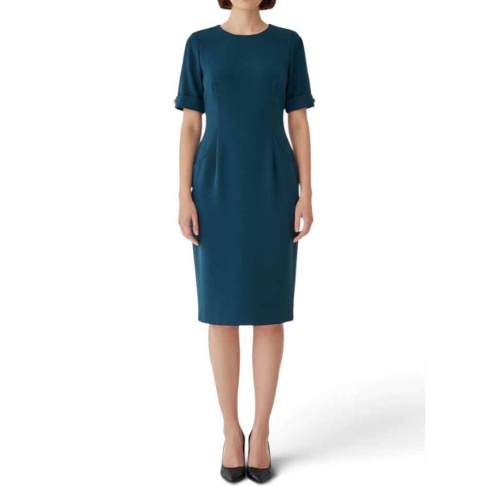 Lucy & Co Blue Green Short Sleeve Cuffed Stretch Bodycon Sheath Dress Medium M